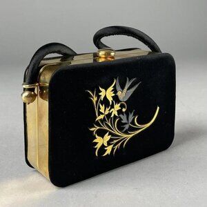 1960s Handmade Minaudiere Box Purse Compact with Metal Flowers & Birds - Vintage